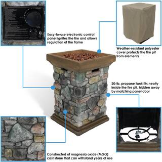 Sunnydaze Decor 30 in. Square Fiberglass Rock Column Design Propane Gas Fire Pit WAR-955