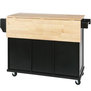 Zeus  Ruta Black Rubber wood 53.1 in. Kitchen Island Drop-Leaf Countertop Cabinet Internal Storage Racks Kitchen Island on 5 Wheels K-16HEGHVDGS