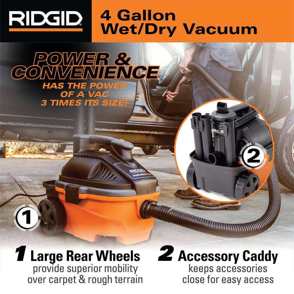 RIDGID 4 Gallon 5.0 Peak HP Portable WetDry Shop Vacuum with Fine Dust Filter Dust Bags Locking Hose and Accessories WD4070D