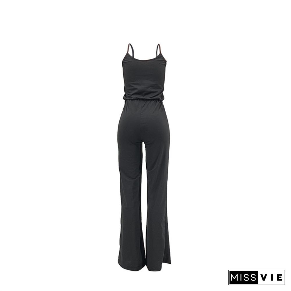 Women Solid Color Cotton Mid Waist Sleeveless Spaghetti Straps Casual One Piece Wide Leg Jumpsuit