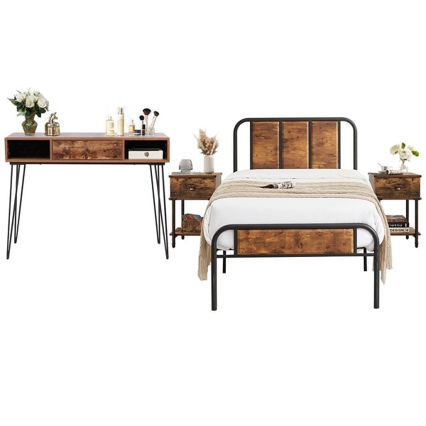 Industrial 4-pieces Bedroom Set Bed Frame Modern Nightstands Set of 2 and Makeup Desk - - 36813769