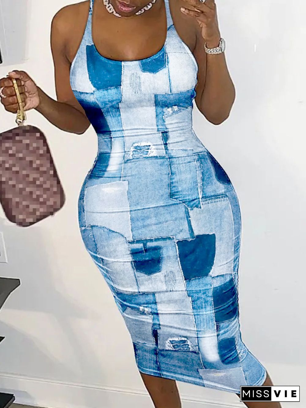 Trendy Sleeveless Denim Print Mesh Dress