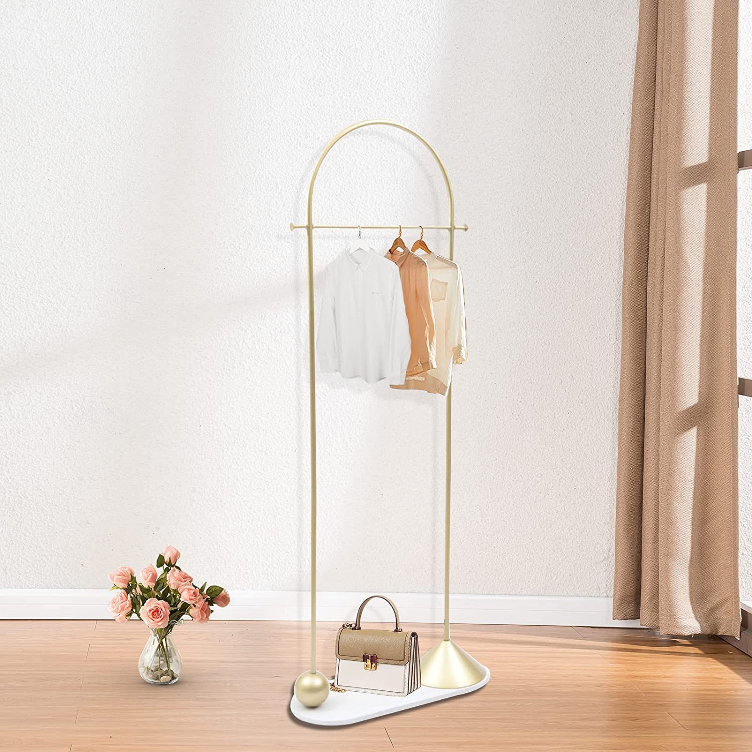 MONIPA 2 Rounded Hooks and U-shaped Marble Base Coat Rack Freestanding Gold Heavy Duty Garment Rack with Hanging Rod