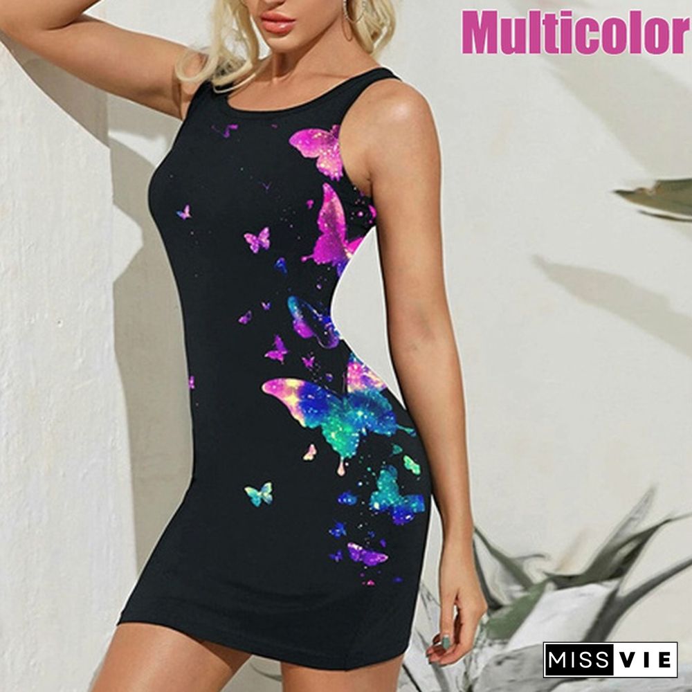 Summer New Fashion Women’s Round Neck Dress Slim Black Butterfly Print Casual Sleeveless Dresses