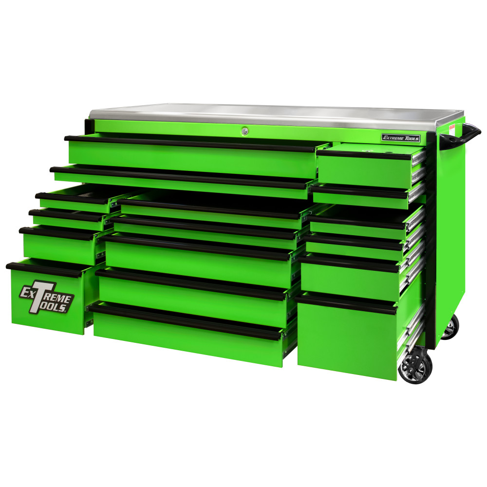 Extreme Tools 72 Green Roller Cabinet with Black Drawer Pulls