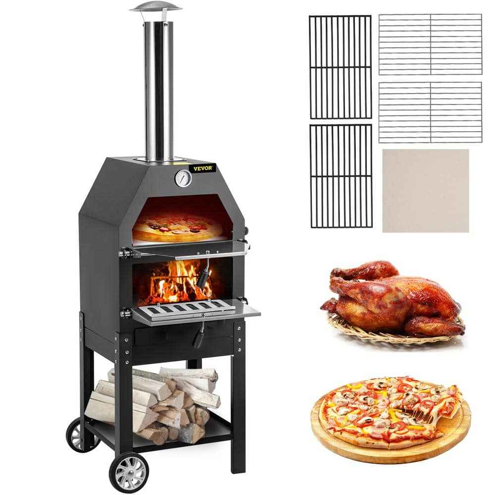 VEVOR Pizza Oven 12 in. Removable Wheels 2-Layer Charcoal Burning Outdoor Pizza Oven with Pizza Stone for Barbecue in Black LDSPSLLZXBDDWRLHEV0