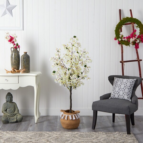 5' Artificial Bougainvillea Tree with Handmade Jute and Cotton Basket with Tassels