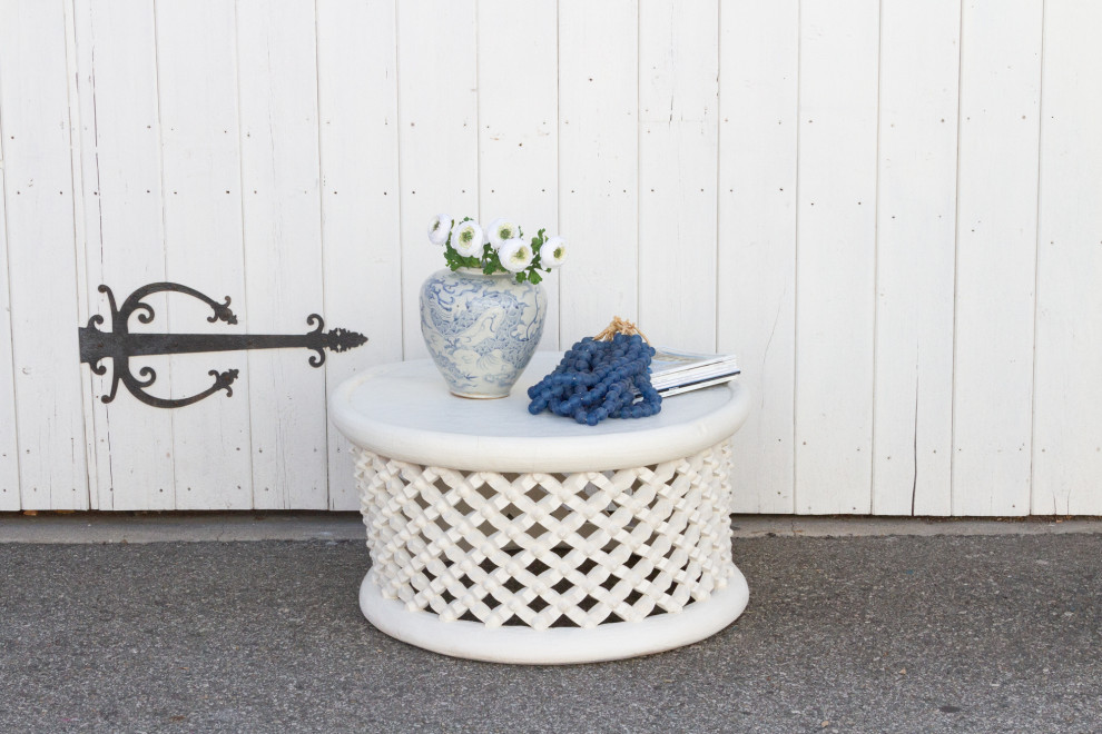 Aged White Bamileke Round Table   Farmhouse   Coffee Tables   by De cor  Houzz