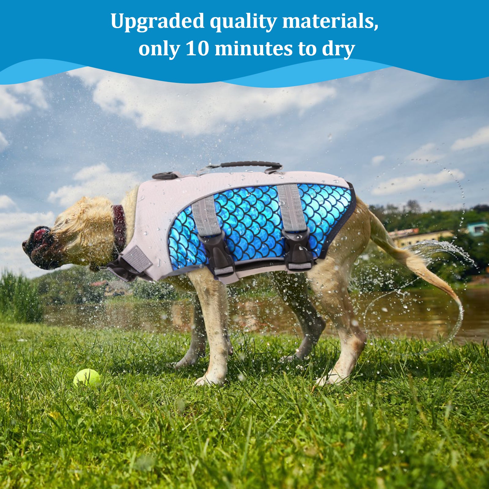 QBLEEV Dog Life Jacket and Life Vest， Pet Safety Coat， Reflective Adjustable Puppy Lifesaver with Rescue Handle， Ripstop Safety Swimsuit for Small to Large Dog-L