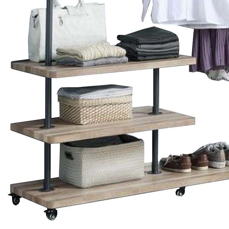 Hanger Rack with 3 Tier Storage and Tubular Frame， Brown and Black