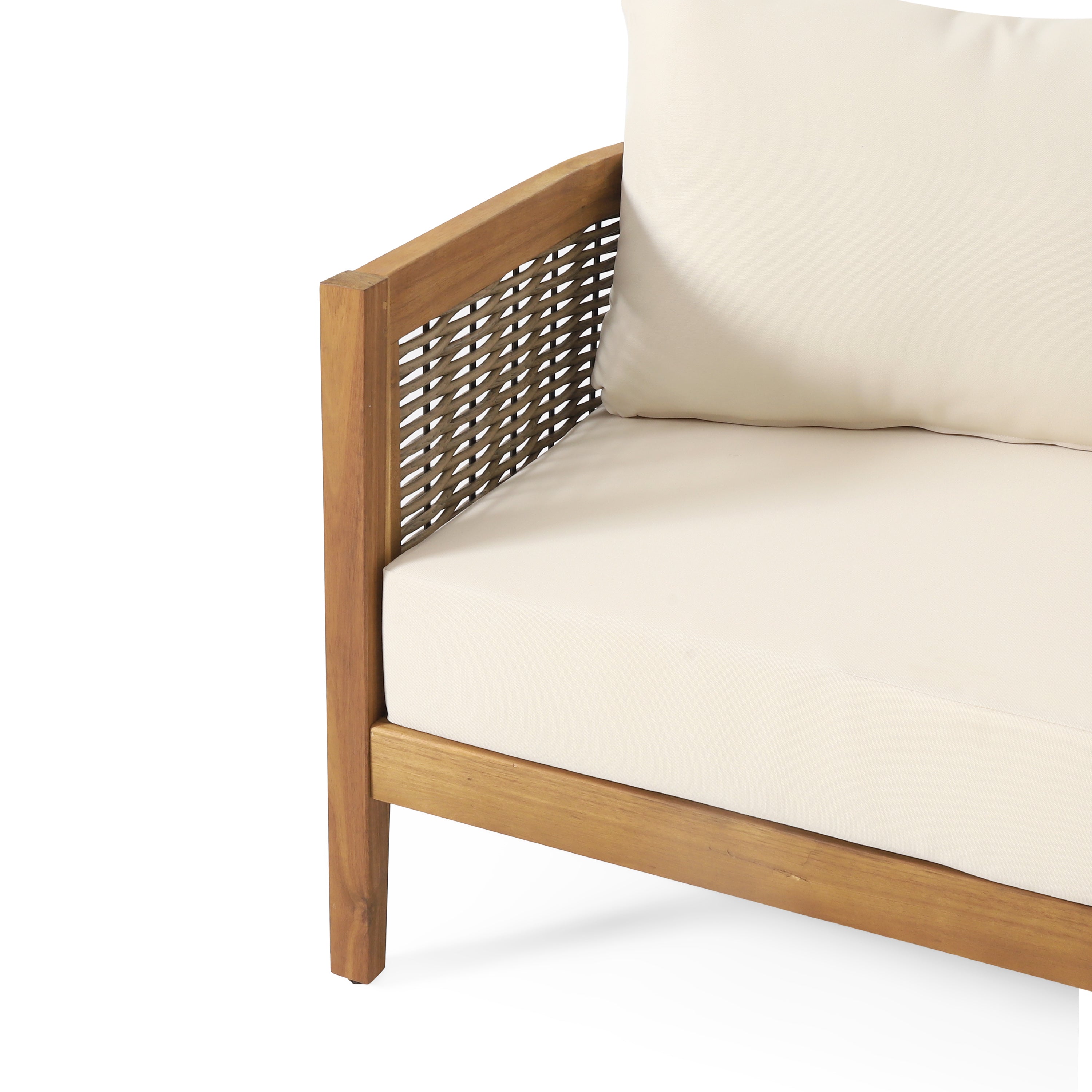 The Crowne Collection Outdoor Acacia Wood and Round Wicker 3 Seater Sofa with Cushions, Teak, Mixed Brown, and Beige