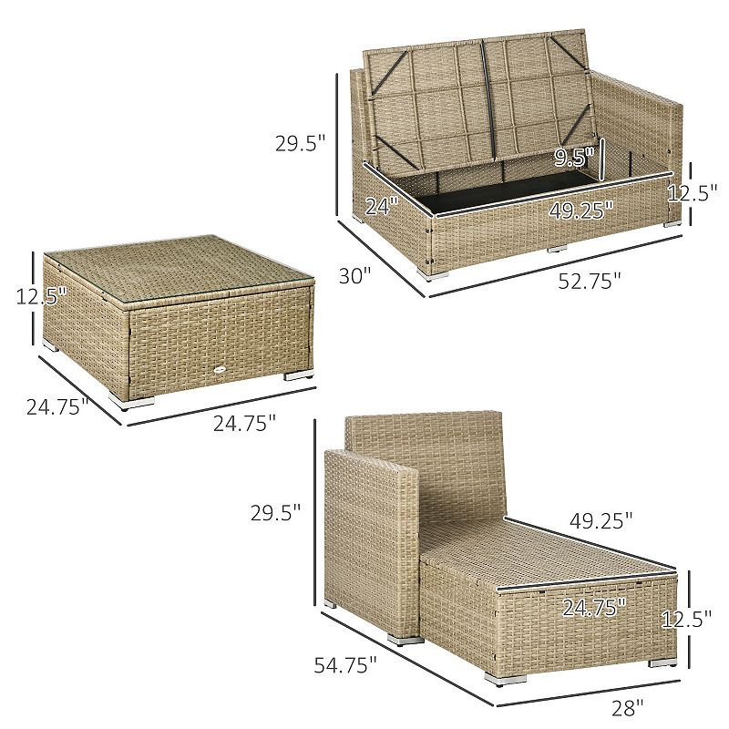 Outsunny Rattan Wicker Furniture Set with Coffee Table and Storage， Khaki