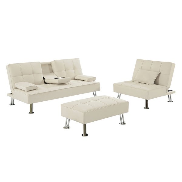 3 Pc Convertible Fabric Folding Sofa Bed with 2 Cup Holders and Removable Armrest and Single Sofabed with Ottoman