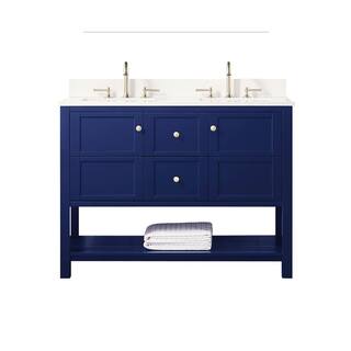 SUPREME WOOD Palisade 48 in. W x 22 in. D x 35.7 in. H Bath Vanity in Navy Blue with Quartz Vanity Top in White with White Basins 22048D-CAB-DB-SQ