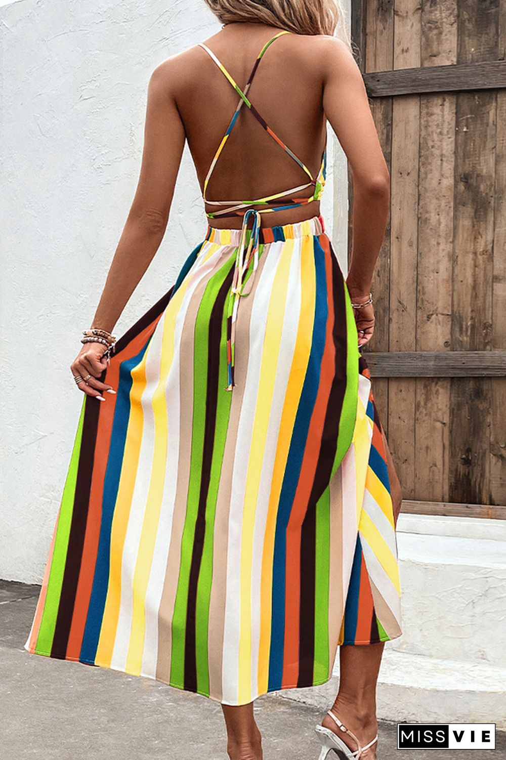 Multicolor Striped V Neck Spaghetti Strap Backless Maxi Dress