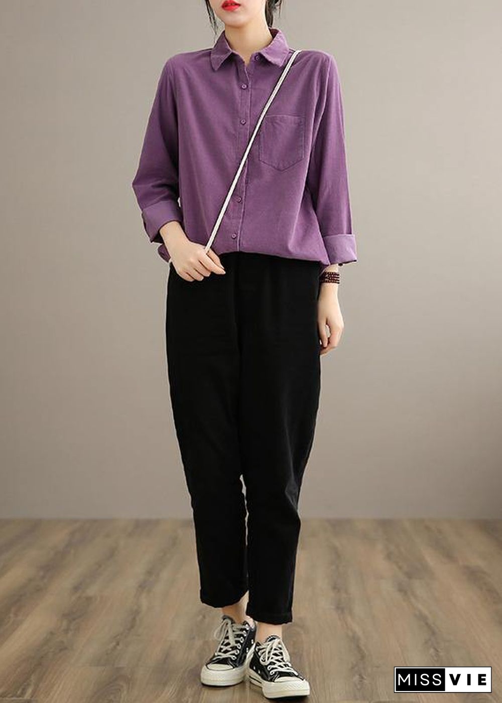 Style Lapel Pockets Spring Crane Tops Design Purple Shirt