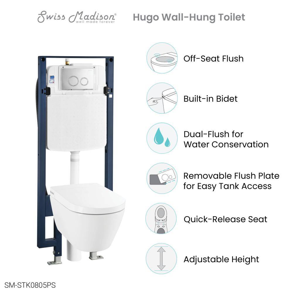 Swiss Madison Hugo Wall-Hung 1-piece 0.81.1 GPF Dual Flush Elongated Smart Toilet with Bidet Bundle in. Glossy White Seat Included SM-STK0805PS