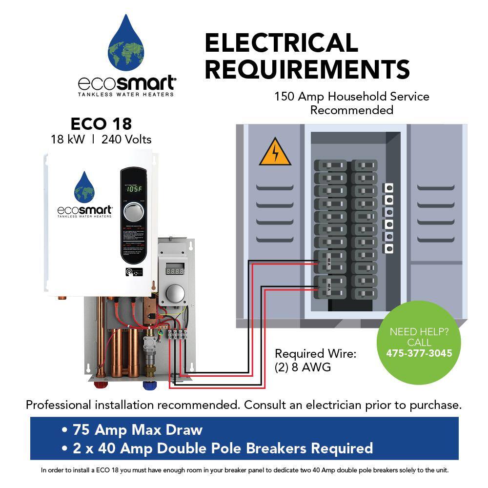 EcoSmart ECO 18 Tankless Electric Water Heater 18 kW 240 V ECO 18