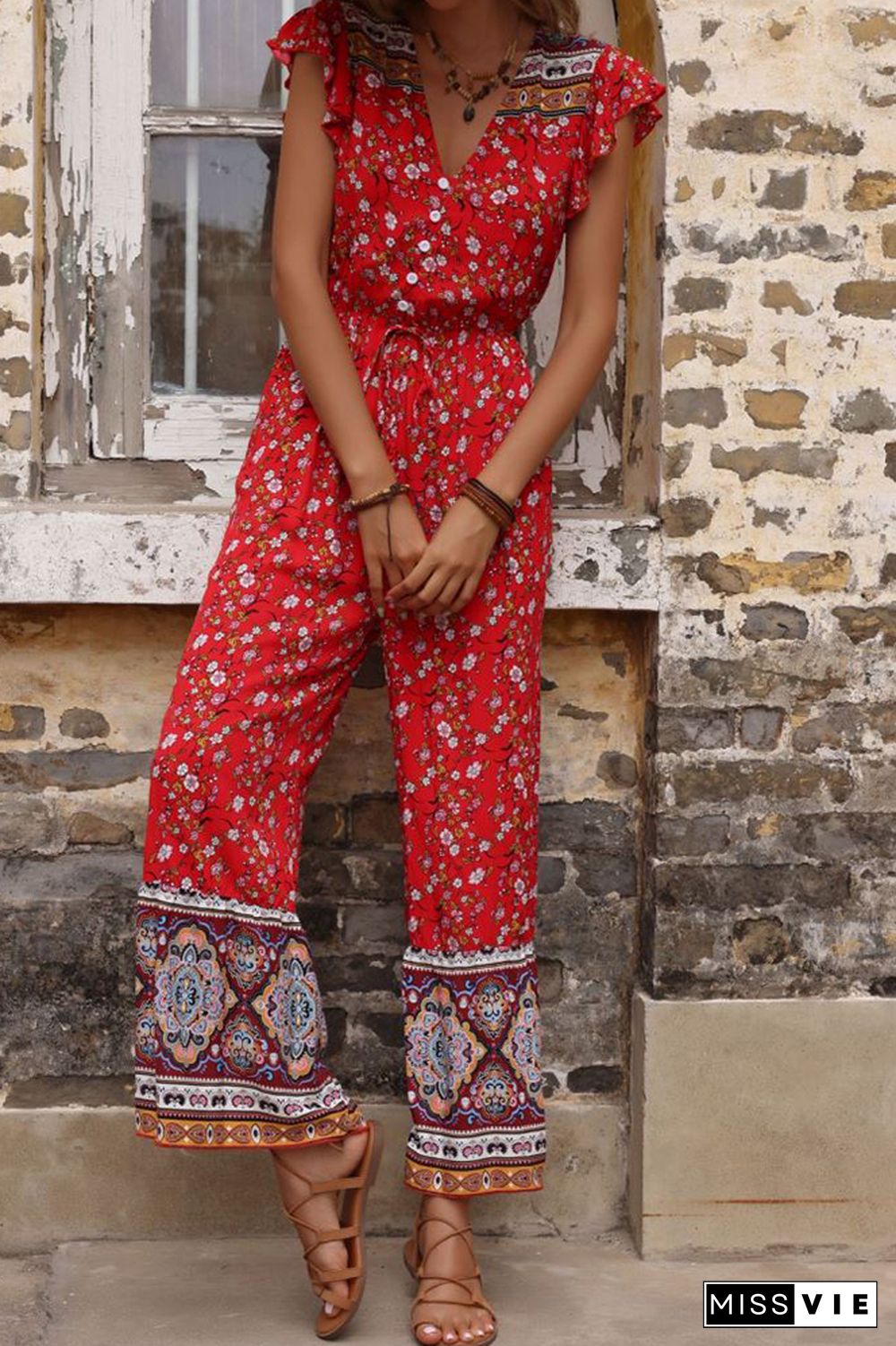 Red Flared Boho V Neck Ruffled Jumpsuit Wholesale