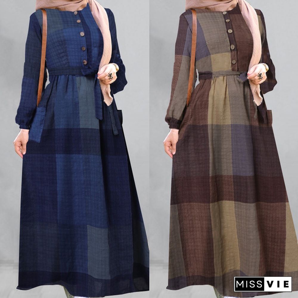 ZANZEA Women Plaid Check Blouson Long Shirt Dress Muslim Casual Party Evening Dresss Plus Size