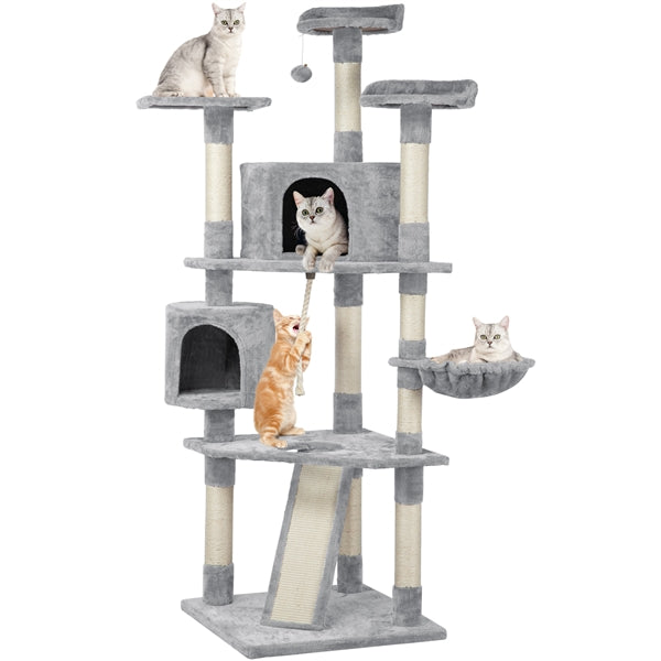 Topeakmart Multi-level Cat Tree Condo Tower with Basket， Scratching Posts and Ramp Light Gray， 79'' H