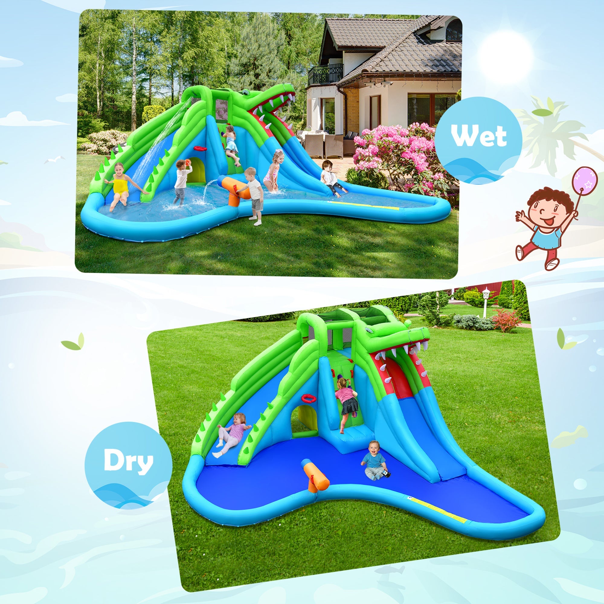 Gymax Crocodile Inflatable Water Slide Park Kids Bounce House w/ Dual Slides With 780W Blower