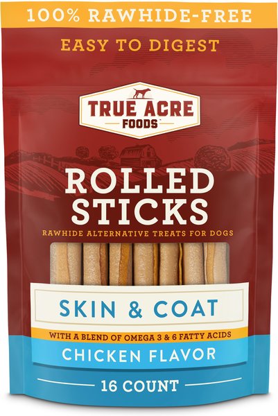 True Acre Foods Rawhide-Free Rolled Sticks， Skin and Coat Chicken Flavor Treats， 16 count