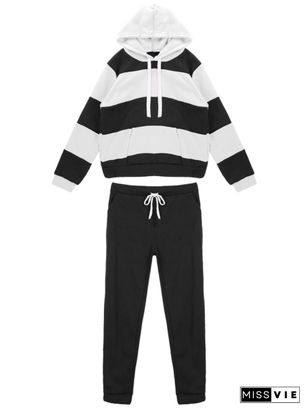 Plus Size Women's Casual Two Piece Outfits Stripes Sweatsuit Tracksuit Pocket Hoodies Sweatshirt Drawstring Pants S-Xxxl