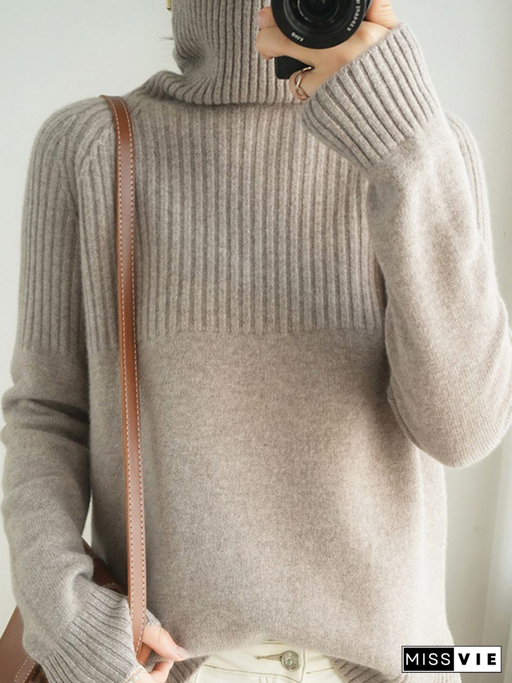 Casual Long Sleeves Loose Solid Color High-Neck Sweater Tops