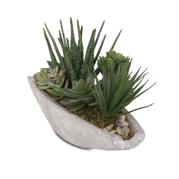 Artificial Succulents Arrangement in Boat Shape Stone Wash Cement Pot