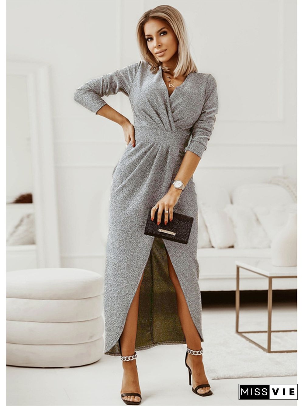 Long Sleeve Sexy V-neck Slit Dress Skirt