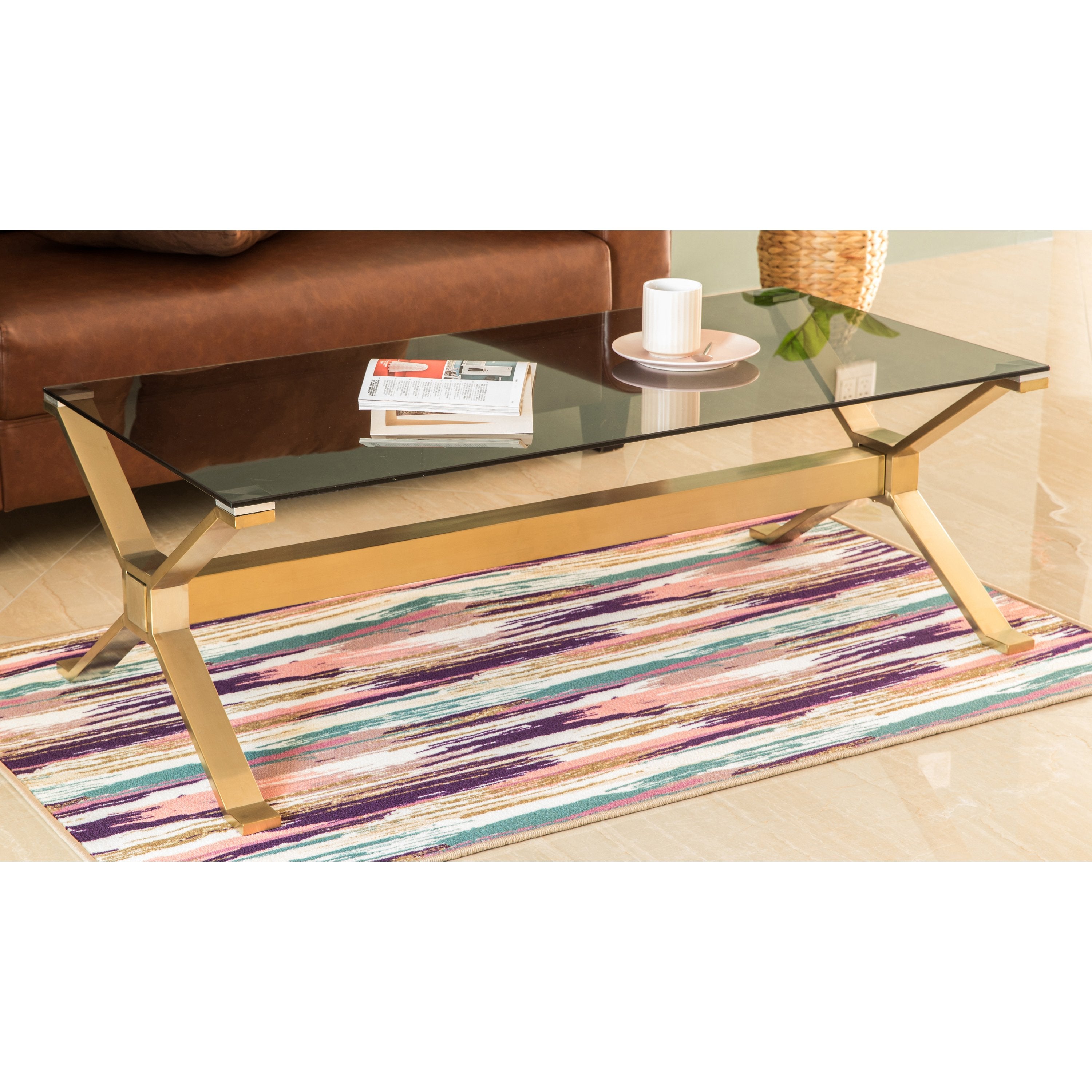 Rectangular Gold Stainless Steel Metal Smoked Glass Modern Coffee Table