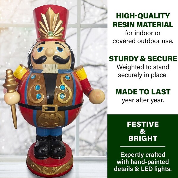 Fraser Hill Farm 3Ft. Roly Poly Nutcracker Toy Soldier，Resin Staue w/ LED Lights，Christmas Decor，Red