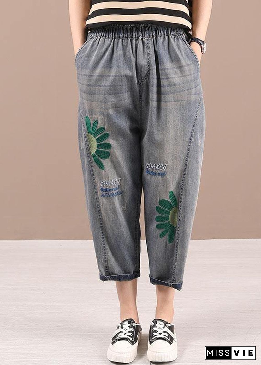 Organic Blue Embroideried Summer Regular Denim Pants