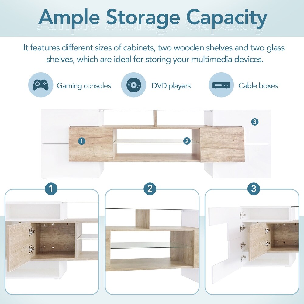 High Gloss TV Stand with 2 Illuminated Glass Shelves and Storage Cabinets  Entertainment Center with LED Lights for 80\