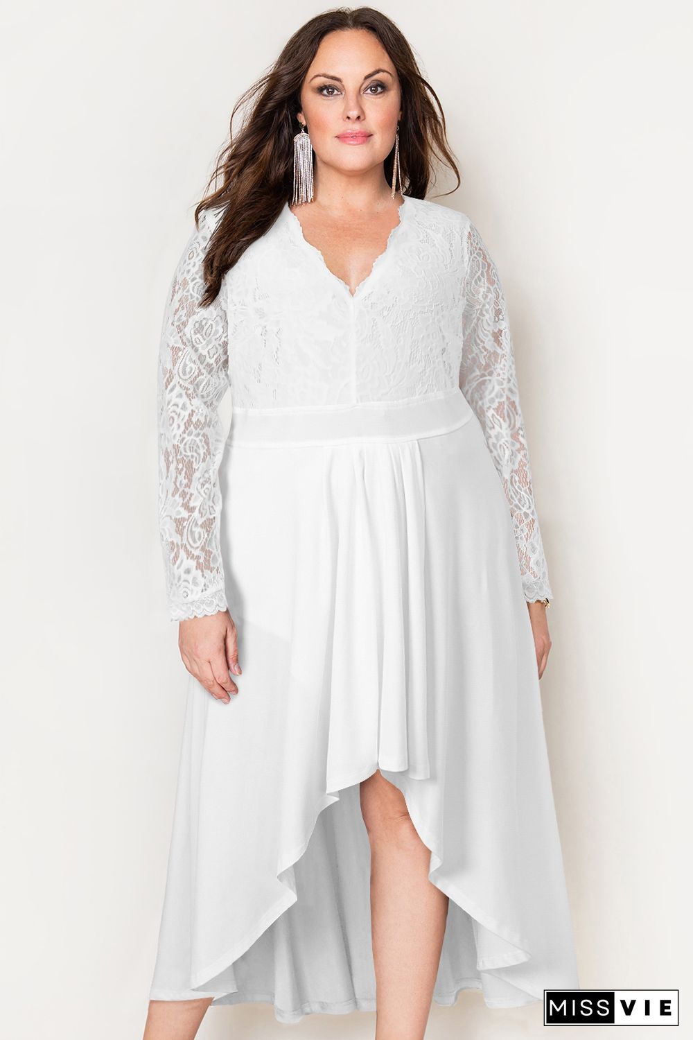 White Plus Size High-Low Lace Contrast Evening Dress