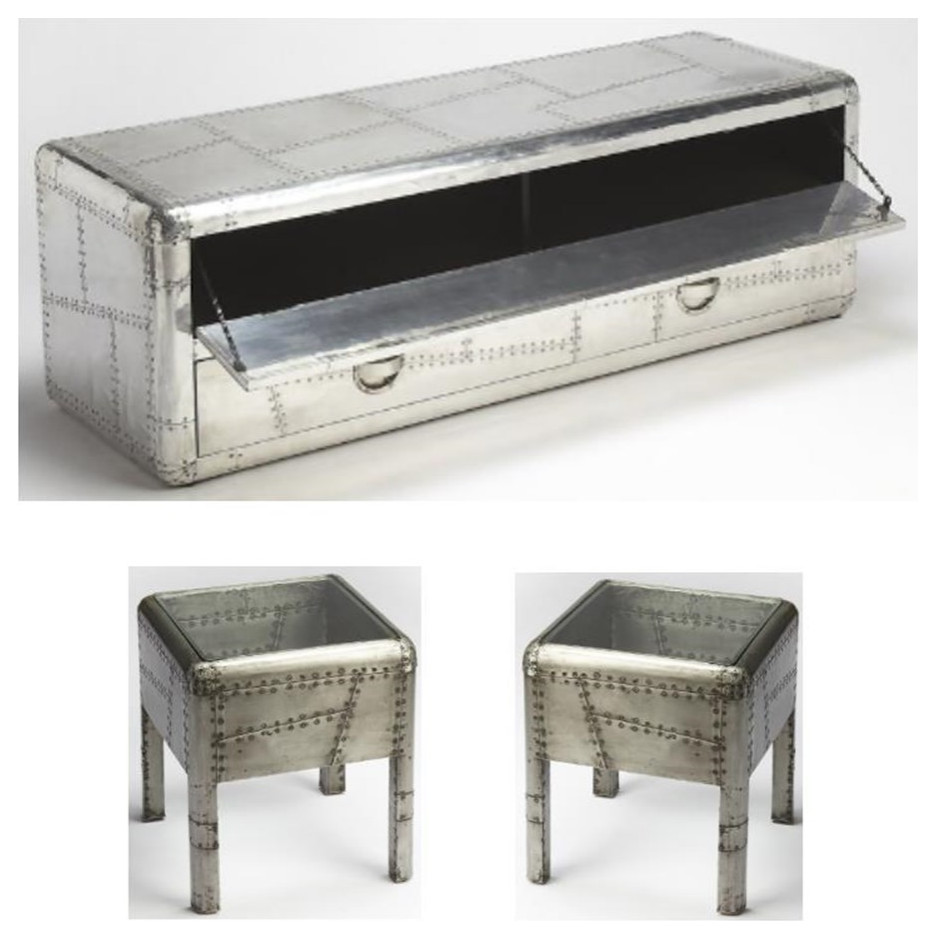 Home Square 3 Piece Set with Entertainment Console and 2 End Tables in Gray   Industrial   Coffee Table Sets   by Homesquare  Houzz