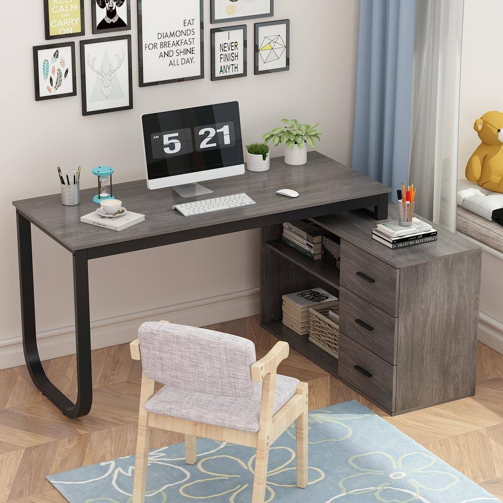 FUFUGAGA 55.1 in. L-Shaped Gray Wood Executive Writing Desk Computer Desk Workstation WRemovable Tabletop Shelves 3-Drawers KF210009-04-KPL2