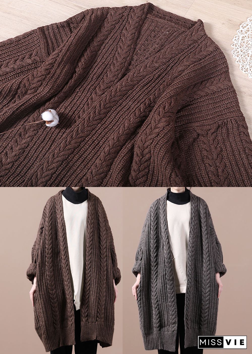 Bohemian Dark Khaki V Neck Cable Knit Sweaters Coats Winter