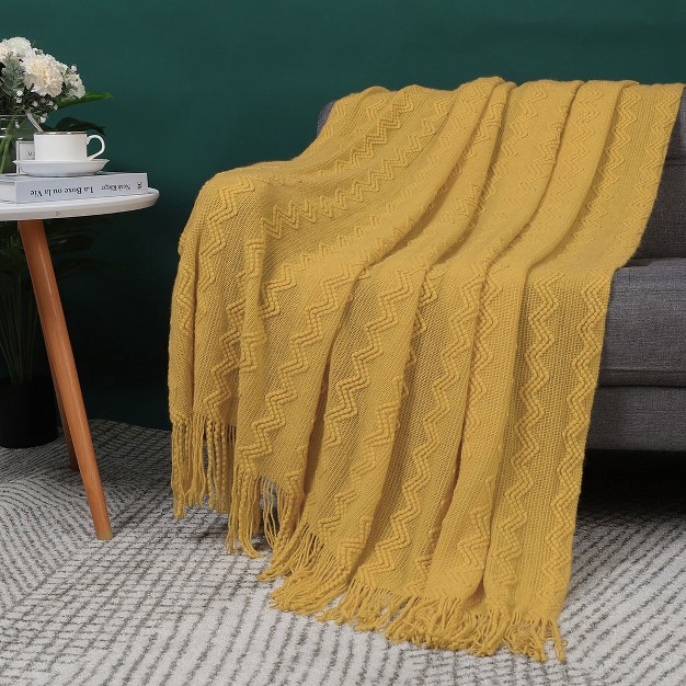 Piccocasa Wavy Pattern Decorative Knit With Tassels Throw Blanket