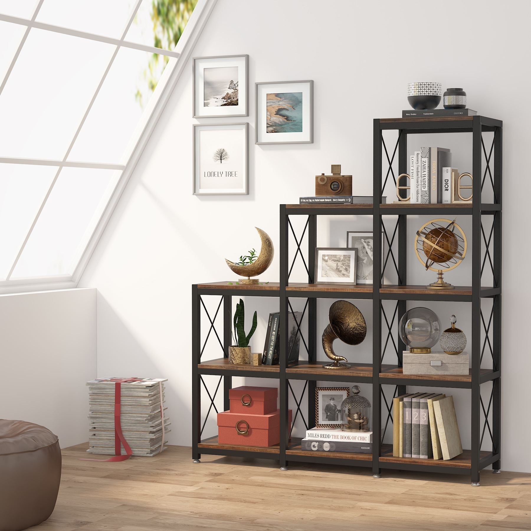 Ladder Bookshelf, 12 Shelves Industrial Etagere Bookcase