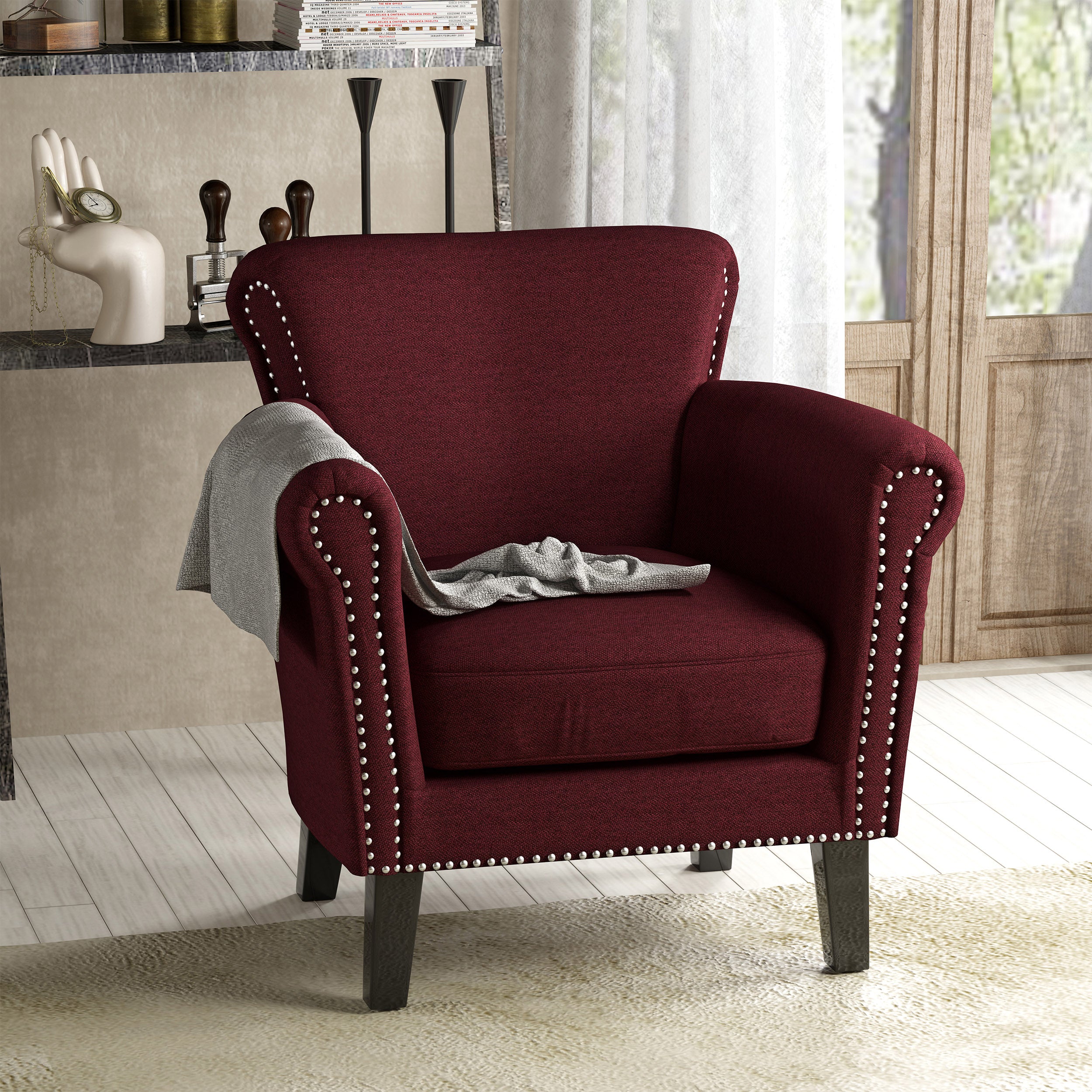 Brice Contemporary Scroll Arm Club Chair with Nailhead Trim