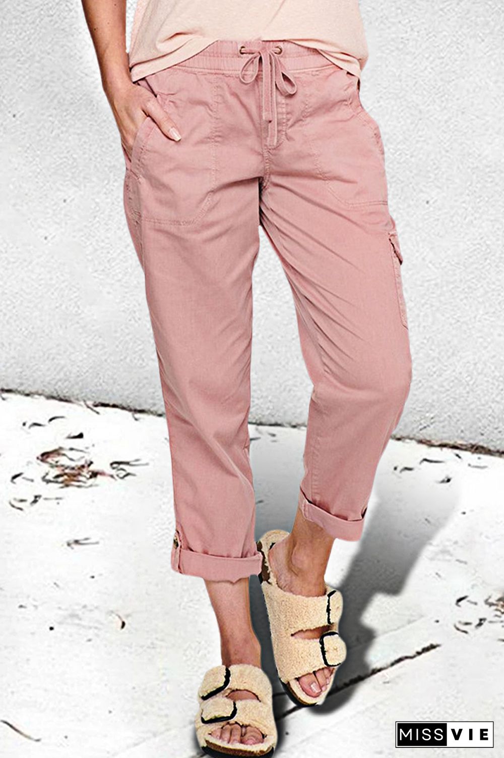 Solid Drawstring Roll Hem Flap Pocket Pants