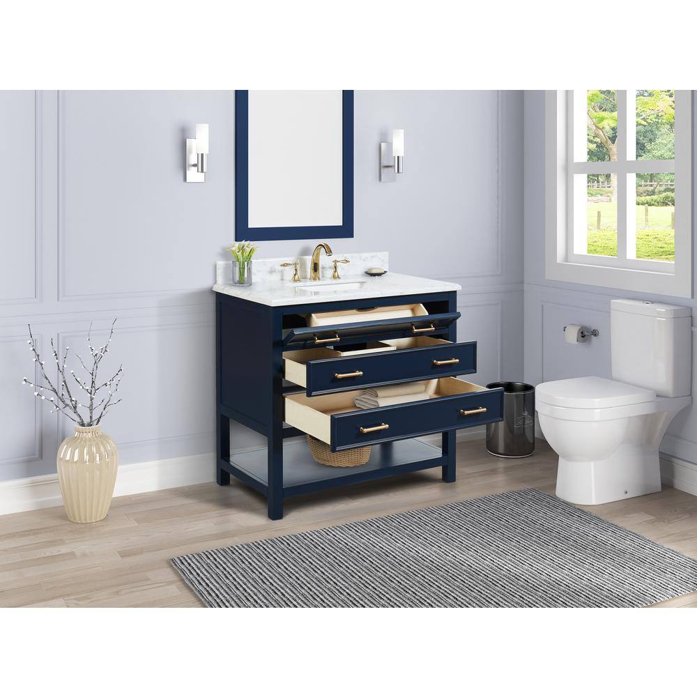 TILE  TOP Uptown 36 in.W x 22 in.D x34.75 in.H Bath Vanity in Navy Blue with Carrara Marble Vanity Top in White with White Basin TH0857