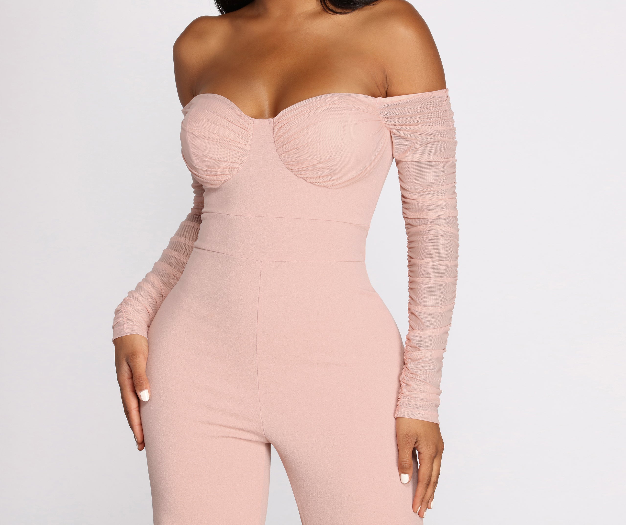 At The Ready Ruched Off Shoulder Jumpsuit