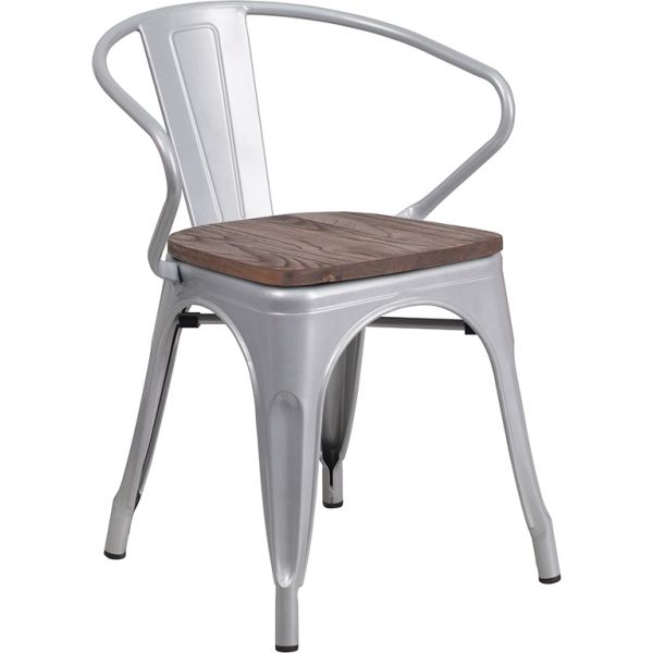 Luna Silver Metal Chair with Wood Seat and Arms