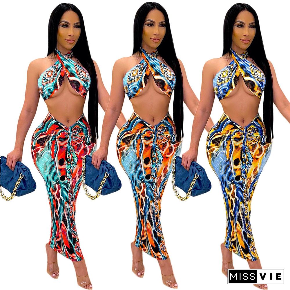 Fashion Abstract Printed Halter Crop Top Midi Skirts Strench Women Clothing Party Elegant 2 Piece Set