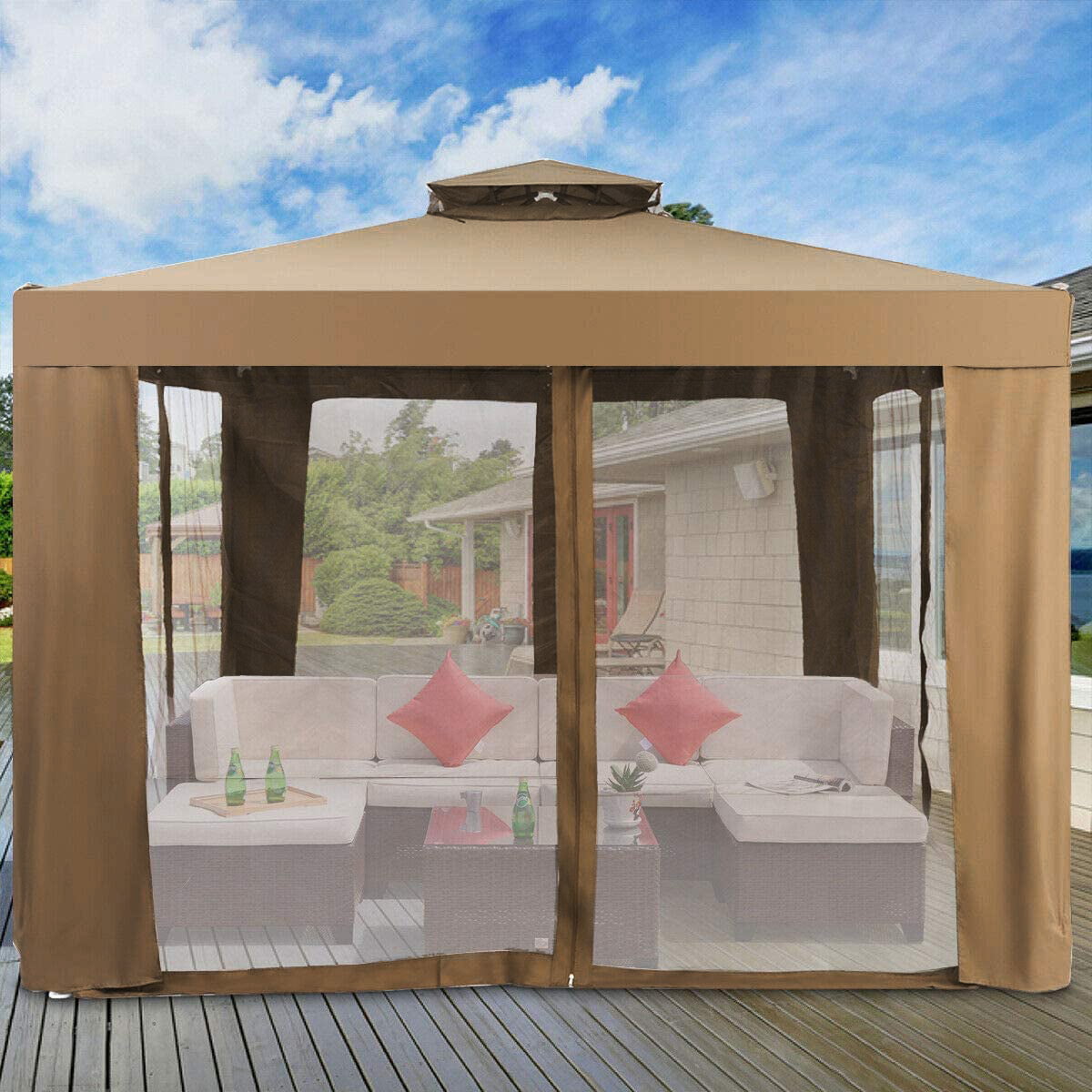 SUGIFT 10'x10' Outdoor Gazebo Patio Tents Garden Canopy  Shelter W/ Netting, Brown