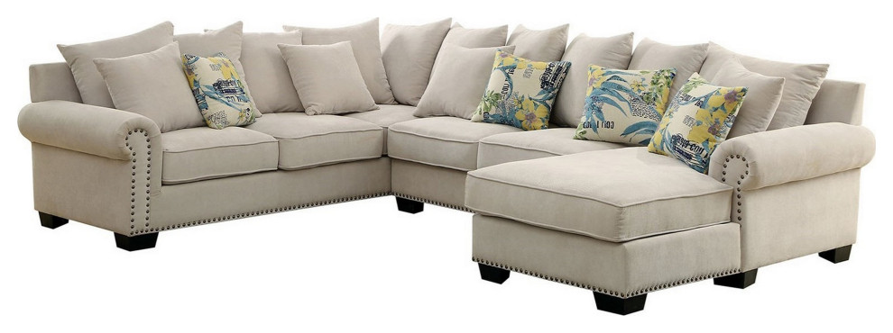 Nailhead Trim Fabric Upholstered Sectional Sofa With Rolled Armrests  Beige   Transitional   Sectional Sofas   by VirVentures  Houzz