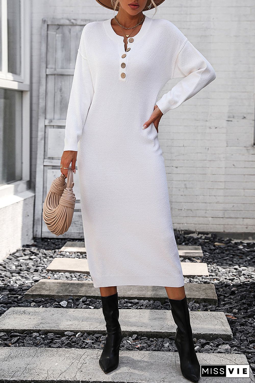 Elegant Solid Buckle O Neck Long Sleeve Dresses